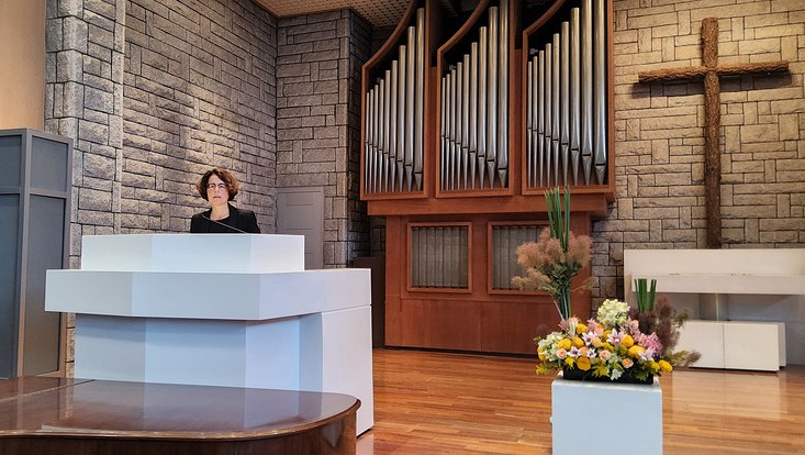 Prof. Dr. Kristin Merle (Institut für Praktische Theologie, Universität Hamburg) bei einem Vortrag im Rahmen des Chapel Talk an der Yonsei Universität (Seoul, Südkorea)