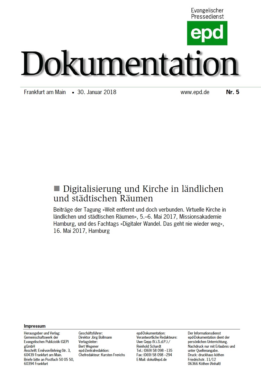 Titelblatt epd-Dokumentationen 5/2018